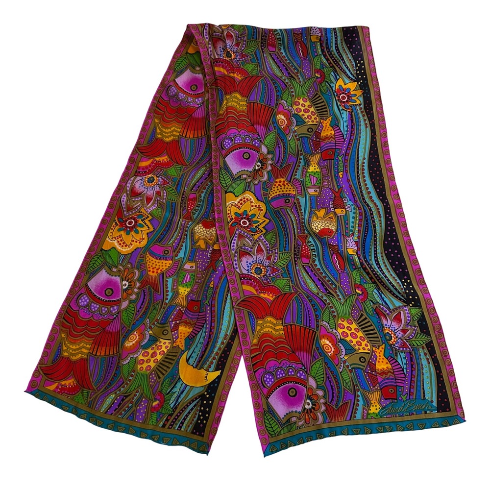 Laurel Burch Silk Scarf Multicolor Fish Moon Floral Artistic Rectangular Wrap